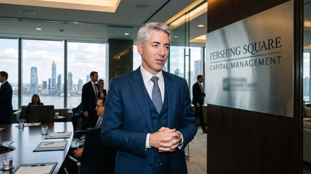 Bill Ackman de pie en una sala de juntas junto al letrero de Pershing Square Capital Management.