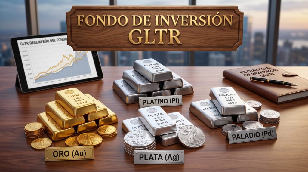Lingotes y monedas de oro, plata, platino y paladio sobre un escritorio, cada metal con su etiqueta.