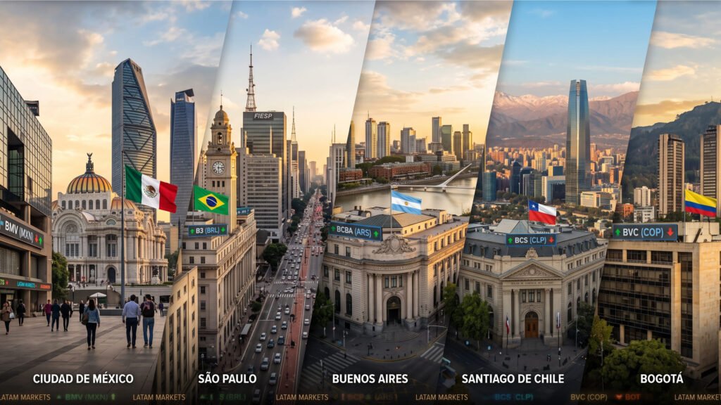Collage de las ciudades de Ciudad de México, São Paulo, Buenos Aires, Santiago de Chile y Bogotá, cada una con su bandera.