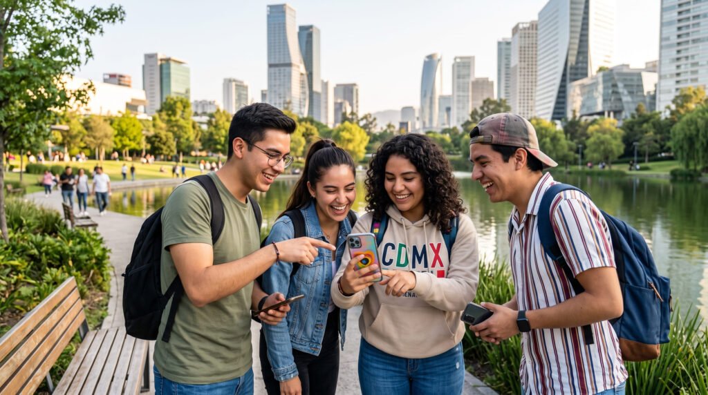 Cuatro amigos miran juntos la pantalla de un celular en un parque de la Ciudad de México, con los rascacielos al fondo.