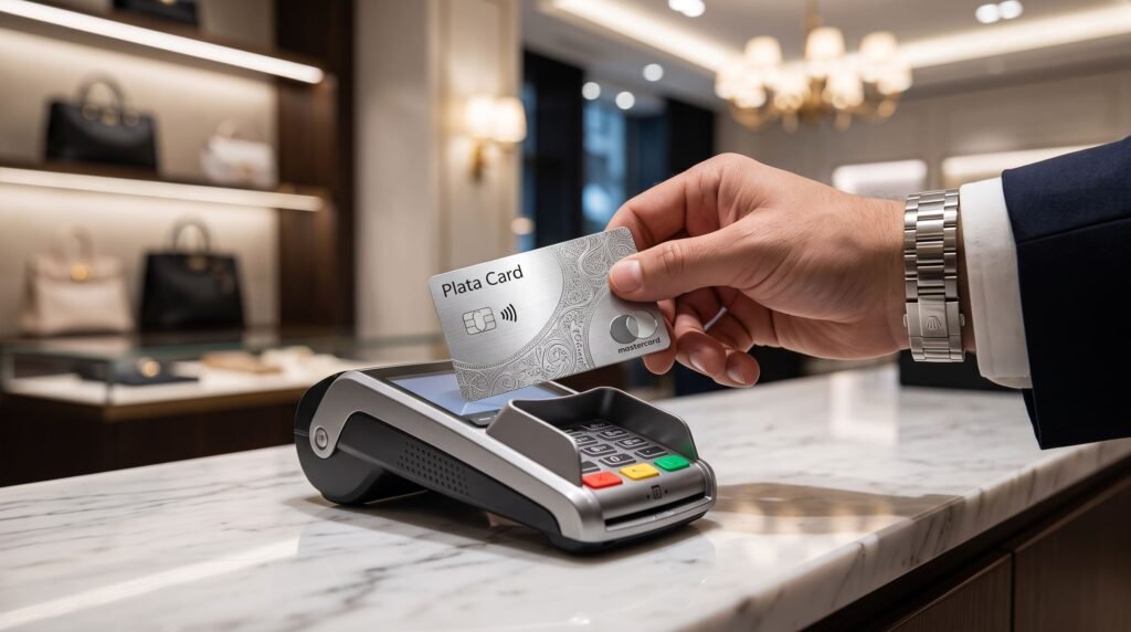 Una mano acerca una tarjeta Plata Card a una terminal de pago sobre un mostrador de mármol.