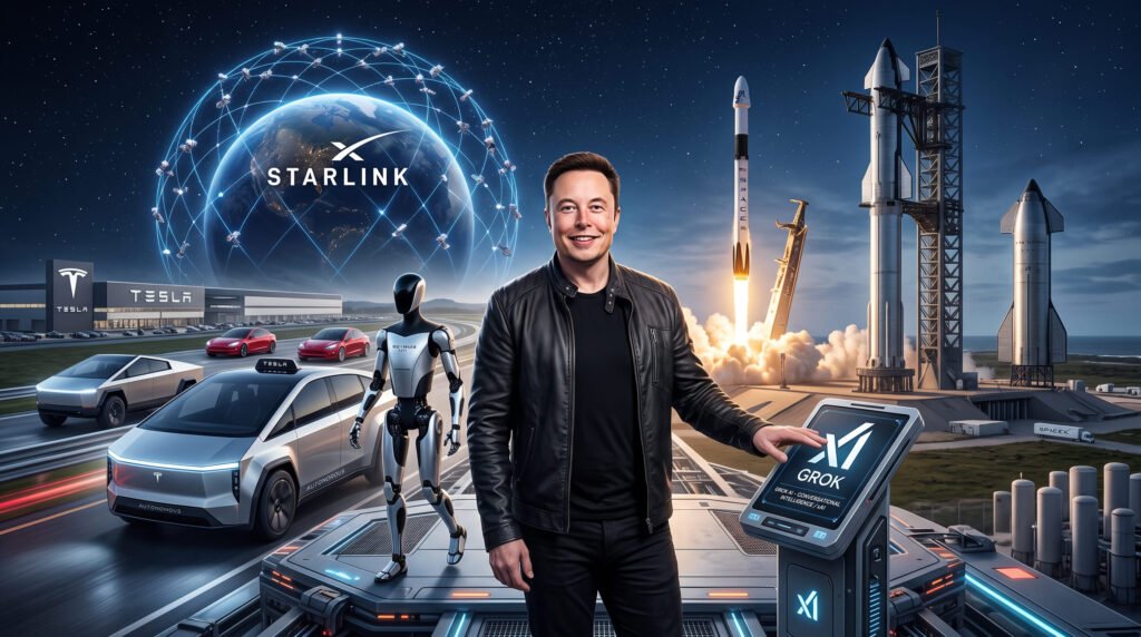 Elon Musk frente a un montaje con camionetas Tesla, un robot humanoide, cohetes de SpaceX y el logotipo de Starlink.