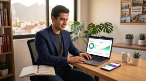 Joven revisa en su laptop un tablero con la gráfica de sus inversiones, junto a su celular y una libreta de apuntes.