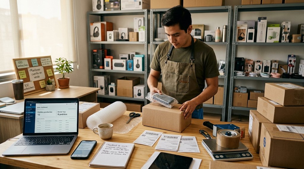 Vendedor empacando un pedido de Amazon junto a su laptop con el panel de pedidos