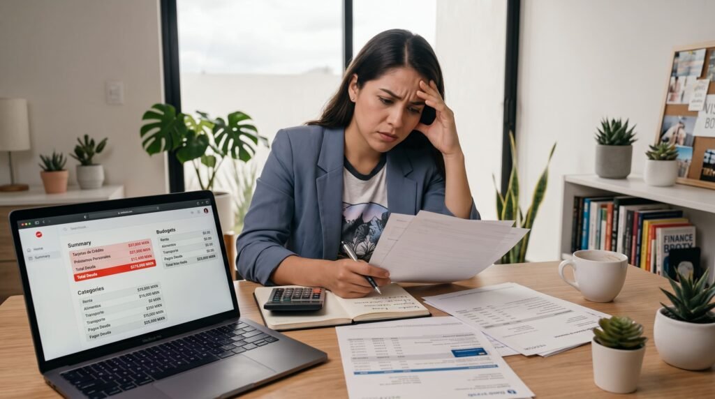 Mujer joven preocupada revisa estados de cuenta con una calculadora y su laptop, mientras hace cuentas para salir de sus deudas.