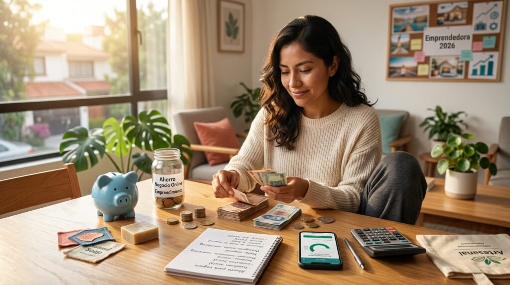 Mujer cuenta billetes y monedas en una mesa con una alcancía, una calculadora y una libreta para planear su negocio