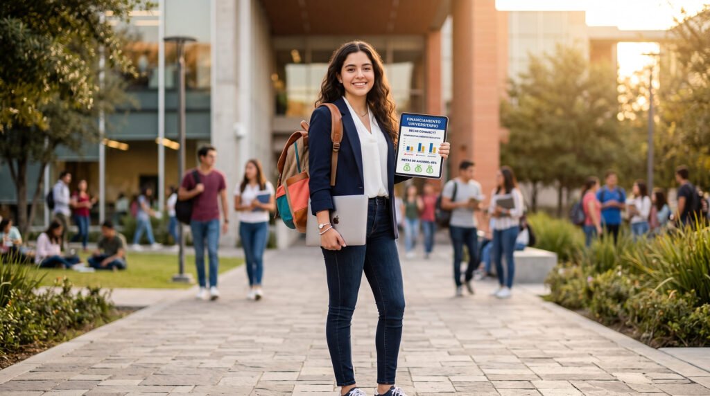 Estudiante universitaria sonriente en un campus, con mochila y folletos sobre opciones para pagar sus estudios.