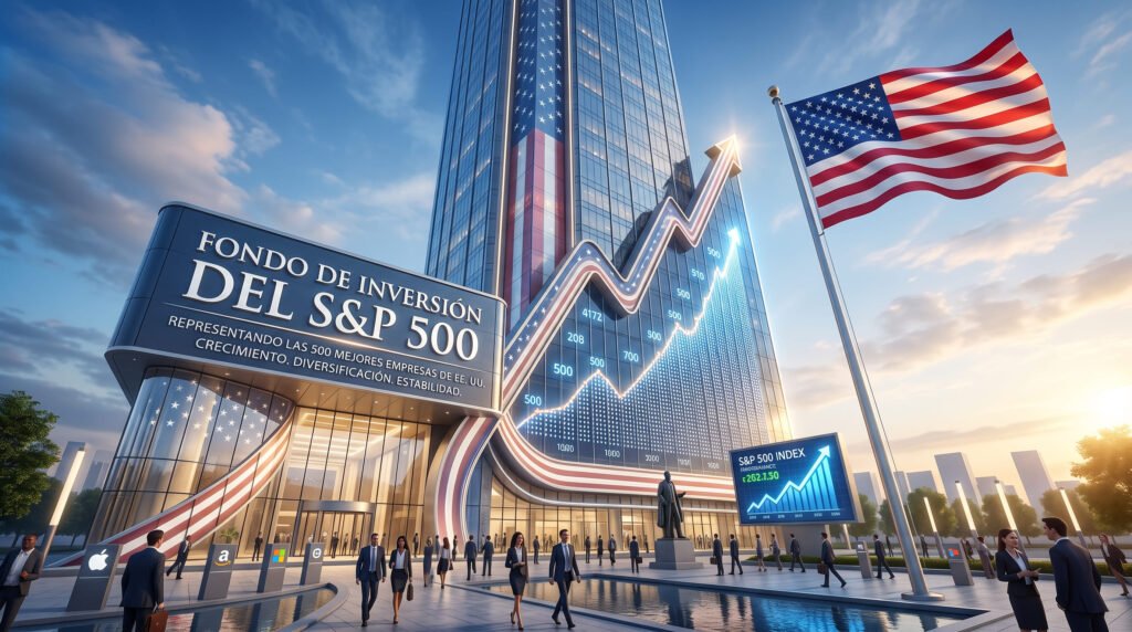 Montaje de un rascacielos financiero con la bandera de Estados Unidos y una gráfica ascendente del índice S&P 500.
