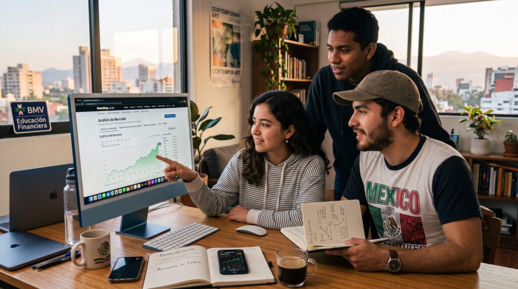 Tres jóvenes revisan gráficas de inversión en una pantalla desde un departamento de la Ciudad de México.