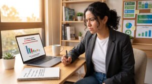 Mujer joven revisa en su laptop la gráfica de su huella de carbono, con una libreta de metas y un tablero de sustentabilidad al fondo.