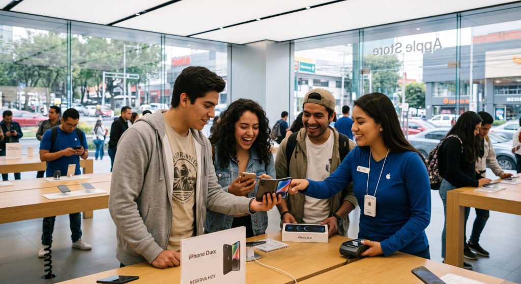 Cuatro jóvenes revisan un teléfono nuevo con una vendedora en una tienda Apple de la Ciudad de México.