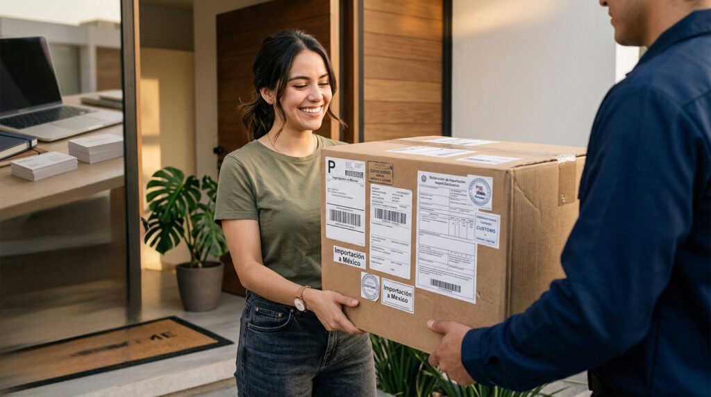 Mujer joven recibe en la puerta de su casa una caja con etiquetas de importación a México que le entrega un repartidor.