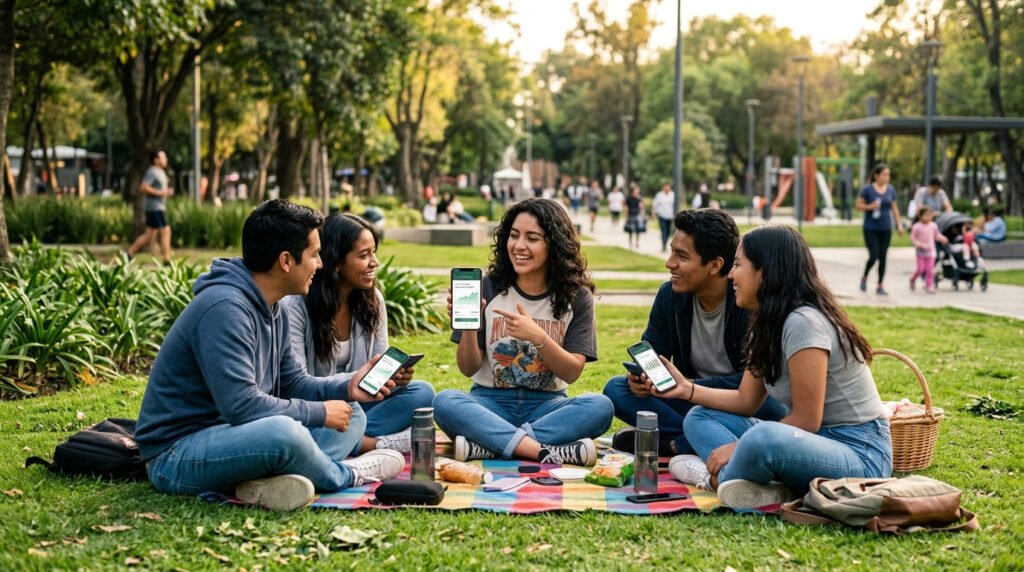 Grupo de jóvenes en un parque revisando sus inversiones en CETES desde el celular