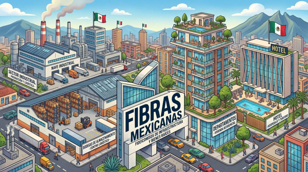 Ilustración de una ciudad mexicana con naves industriales, bodegas, departamentos y un hotel alrededor de un letrero de FIBRAs mexicanas.