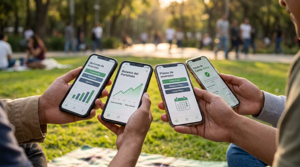 Cuatro celulares con apps de inversión que muestran opciones, portafolio y plazos, en un parque