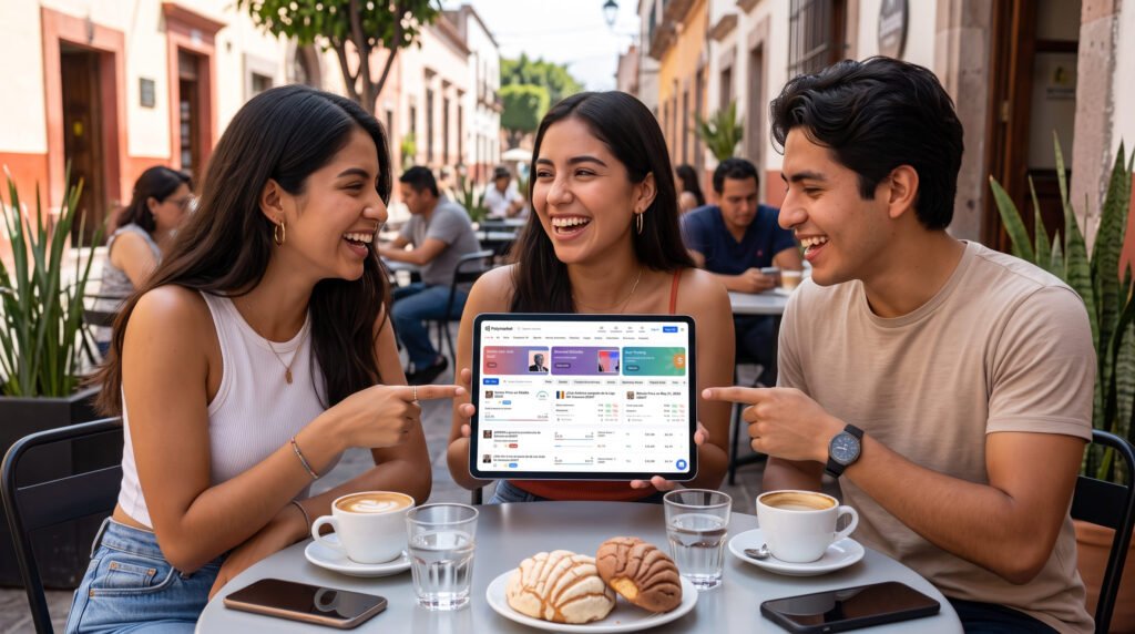 Tres jóvenes miran juntos una tableta con un mercado de predicción en una terraza de café en México.