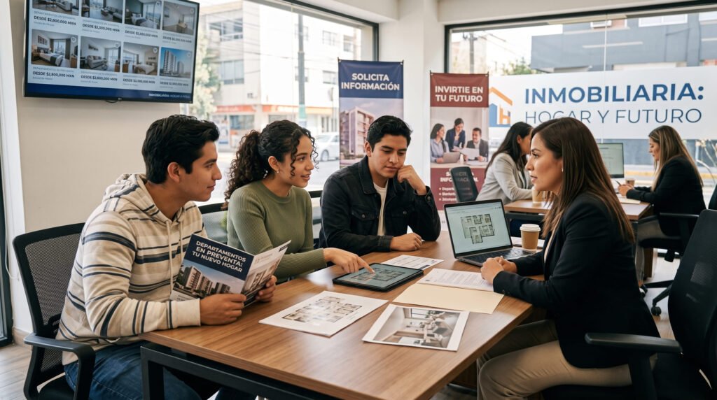 Cuatro jóvenes revisan planos y folletos de departamentos con una asesora en las oficinas de una inmobiliaria.