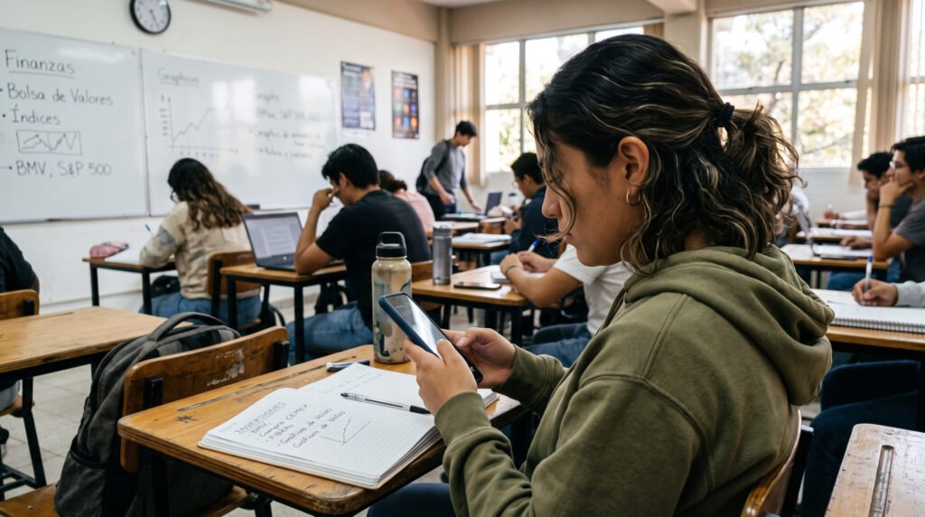 Estudiante universitaria revisa su celular en un salón de clases, con un pizarrón de finanzas y bolsa de valores al fondo.