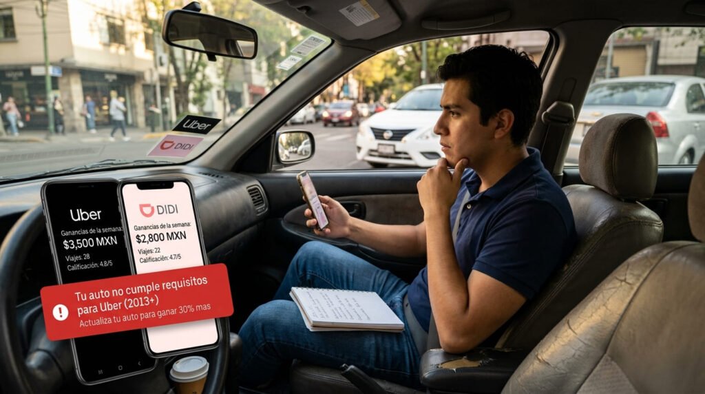 Conductor joven sentado al volante revisa en su celular sus ganancias de Uber y DiDi, con una libreta sobre las piernas.