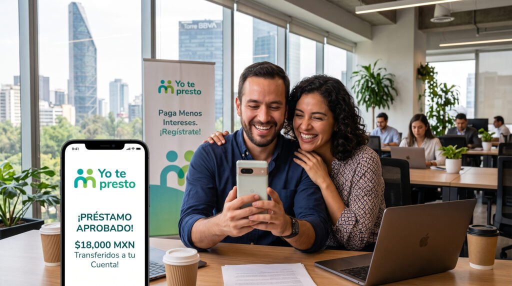 Una pareja celebra frente al celular la aprobación de un préstamo de Yotepresto en una oficina de la Ciudad de México.