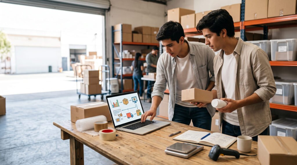 Dos jóvenes revisan pedidos en una laptop en una bodega con cajas y un lector de códigos; uno sostiene un paquete pequeño