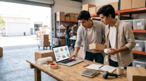 Dos jóvenes revisan pedidos en una laptop en una bodega con cajas y un lector de códigos; uno sostiene un paquete pequeño
