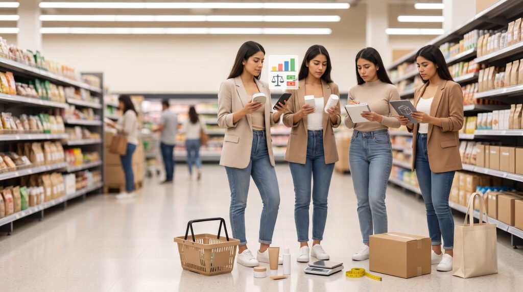 Cuatro mujeres comparan precios y revisan sus cuentas en el pasillo de un supermercado, con una caja de Amazon a sus pies