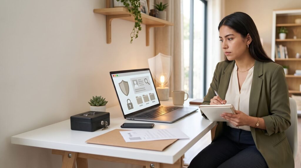 Mujer toma notas frente a su laptop, que muestra un escudo y un candado de protección de datos