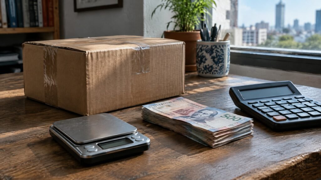 Caja de cartón sellada, báscula digital, billetes de 500 pesos y calculadora sobre una mesa de madera: lo que cuesta vender en Amazon México