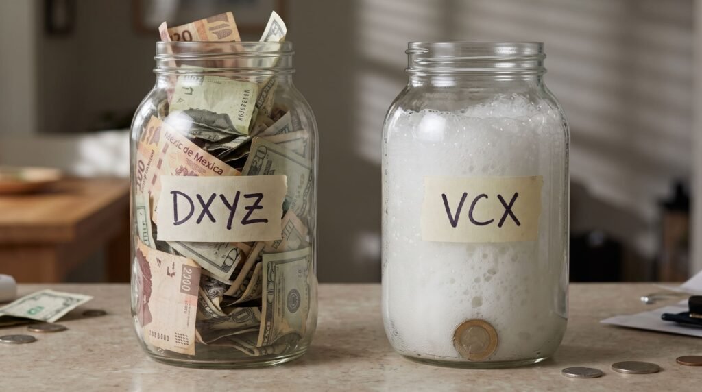 Dos frascos de vidrio sobre una mesa: el etiquetado DXYZ lleno de billetes de pesos y dólares, y el etiquetado VCX lleno de espuma con una sola moneda al fondo
