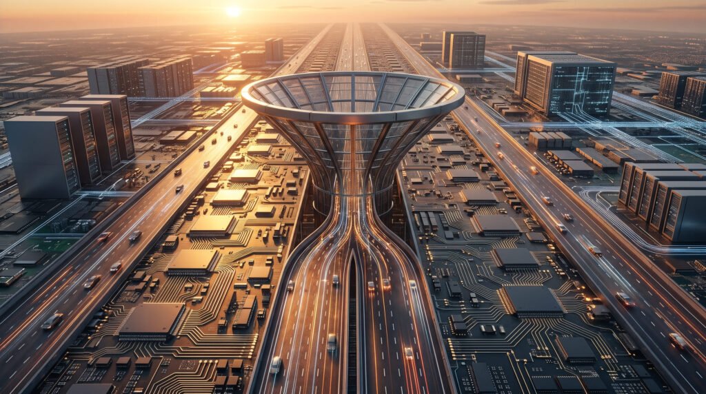 Vista aérea de una autopista hecha de circuitos de computadora que se estrecha en un embudo gigante de vidrio, al atardecer, entre edificios de centros de datos