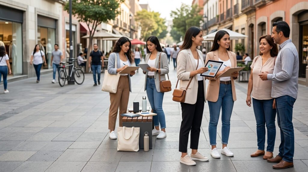 Jóvenes con tabletas hacen una encuesta a personas en una calle peatonal con tiendas
