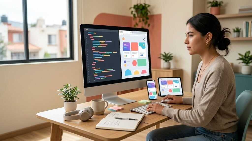 Emprendedora diseña una micro app web frente a su computadora, con la versión para celular y tablet
