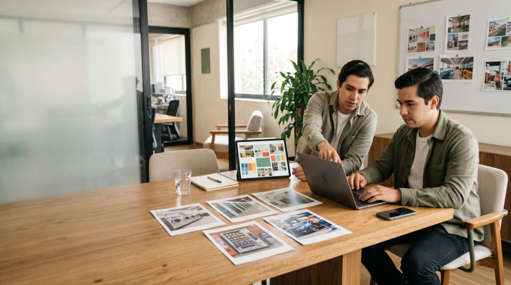 Dos jóvenes revisan ideas de negocio en una laptop y una tableta en una oficina con ventanales, con fotos impresas sobre la mesa