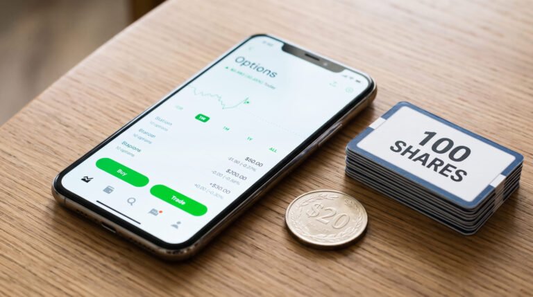 Un celular con la pantalla de opciones de una app de inversión sobre una mesa de madera, junto a una moneda de $20 y un fajo de tarjetas que dice 100 shares