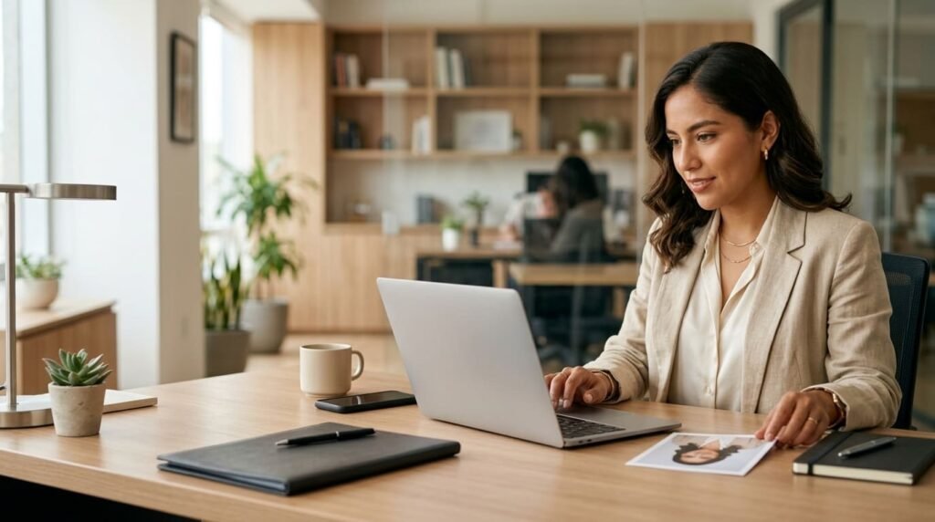 Mujer trabaja en su laptop en una oficina luminosa con una foto de perfil impresa sobre el escritorio