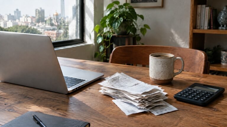 Laptop abierta, tickets de compra apilados, taza de café y calculadora sobre un escritorio de madera frente a una ventana con la ciudad: la cuenta de automatizar un negocio chico