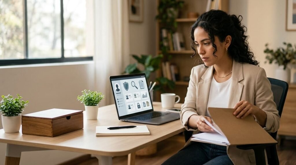 Mujer revisa documentos fiscales frente a su laptop para elegir entre RESICO y Actividad Empresarial